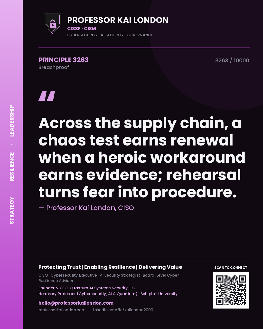 Quote card by Professor Kai London reading 'Across the supply chain, a chaos test earns renewal when a heroic workaround earns evidence; rehearsal turns fear into procedure.'. From the book Breachproof.