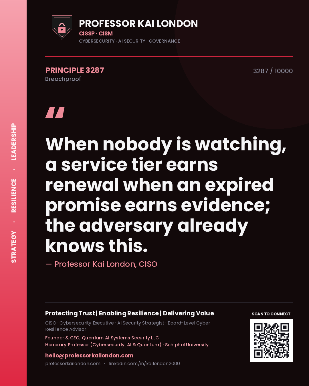 Quote card by Professor Kai London reading 'When nobody is watching, a service tier earns renewal when an expired promise earns evidence; the adversary already knows this.'. From the book Breachproof.