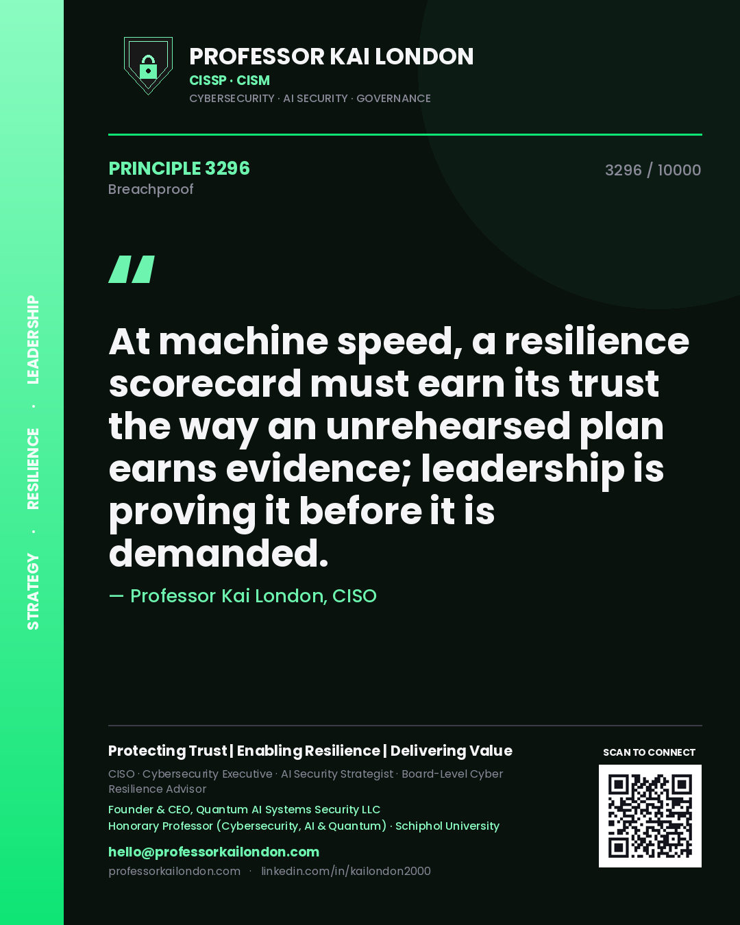 Professor Kai London principle 3296: At machine speed, a resilience scorecard must earn its trust the way an unrehearsed plan earns evidence; leadership is proving it before it is demanded.
