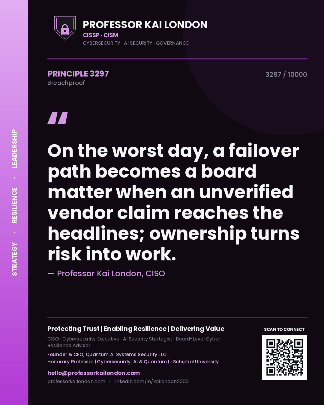 Professor Kai London principle 3297: On the worst day, a failover path becomes a board matter when an unverified vendor claim reaches the headlines; ownership turns risk into work.