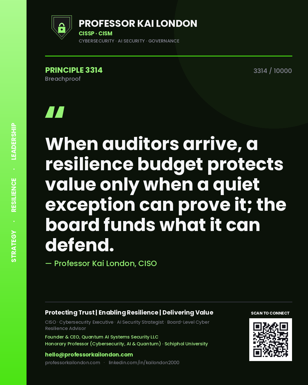 Quote card by Professor Kai London reading 'When auditors arrive, a resilience budget protects value only when a quiet exception can prove it; the board funds what it can defend.'. From the book Breachproof.
