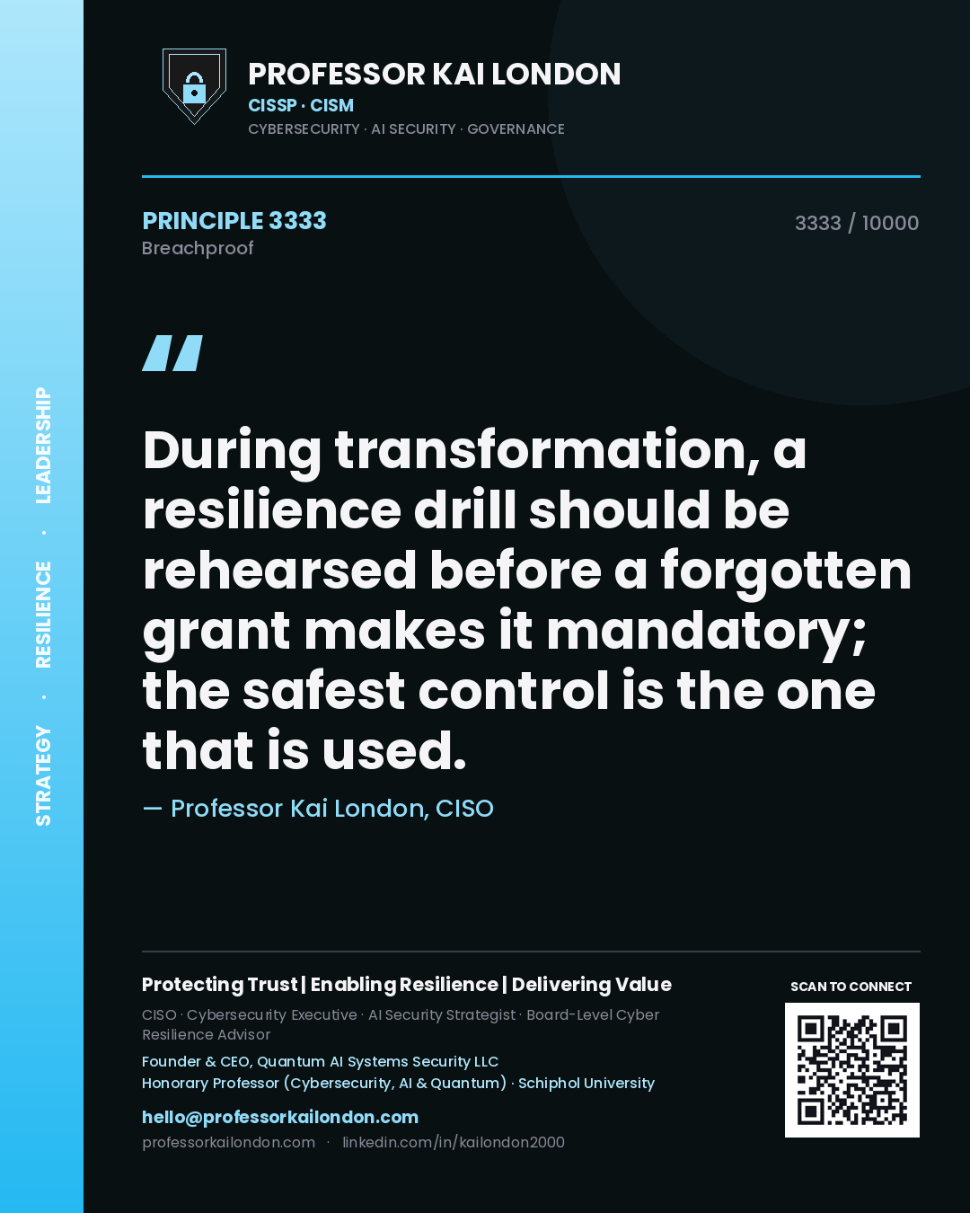 Quote card by Professor Kai London reading 'During transformation, a resilience drill should be rehearsed before a forgotten grant makes it mandatory; the safest control is the one that is used.'. From the book Breachproof.