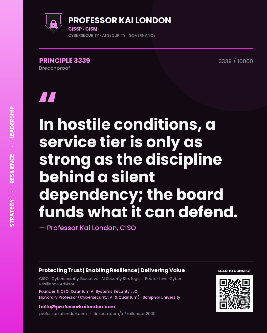 Quote card by Professor Kai London reading 'In hostile conditions, a service tier is only as strong as the discipline behind a silent dependency; the board funds what it can defend.'. From the book Breachproof.