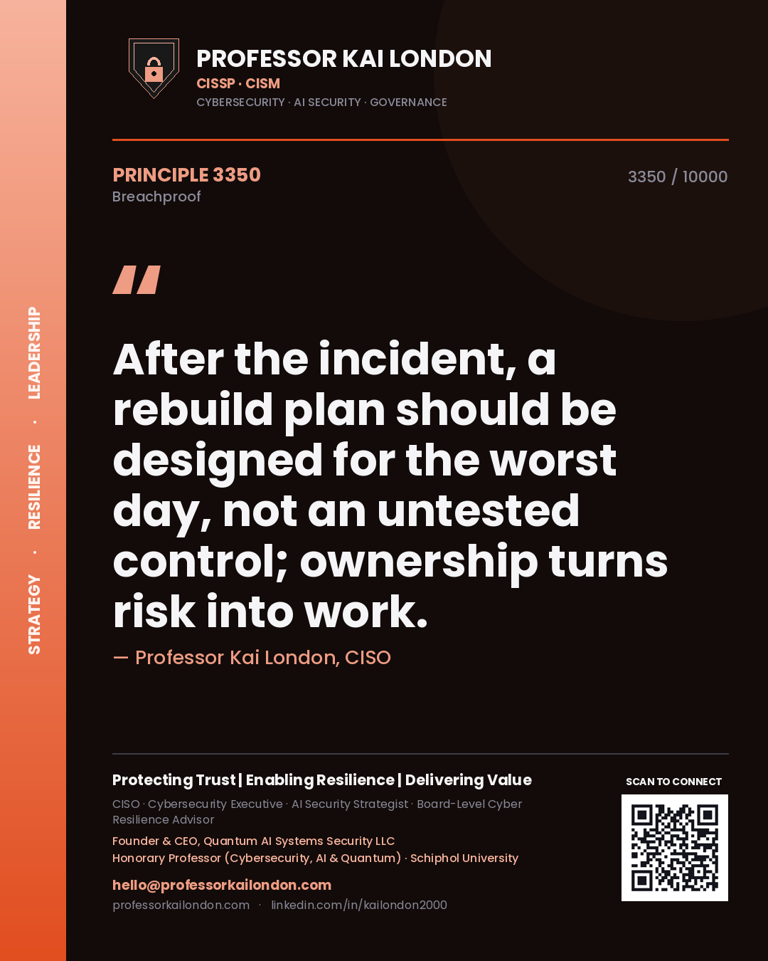 Quote card by Professor Kai London reading 'After the incident, a rebuild plan should be designed for the worst day, not an untested control; ownership turns risk into work.'. From the book Breachproof.