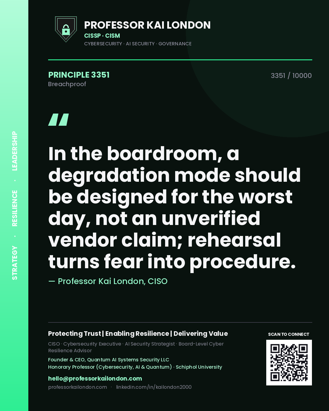 Quote card by Professor Kai London reading 'In the boardroom, a degradation mode should be designed for the worst day, not an unverified vendor claim; rehearsal turns fear into procedure.'. From the book Breachproof.