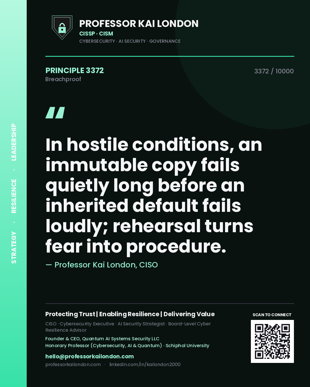 Quote card by Professor Kai London reading 'In hostile conditions, an immutable copy fails quietly long before an inherited default fails loudly; rehearsal turns fear into procedure.'. From the book Breachproof.