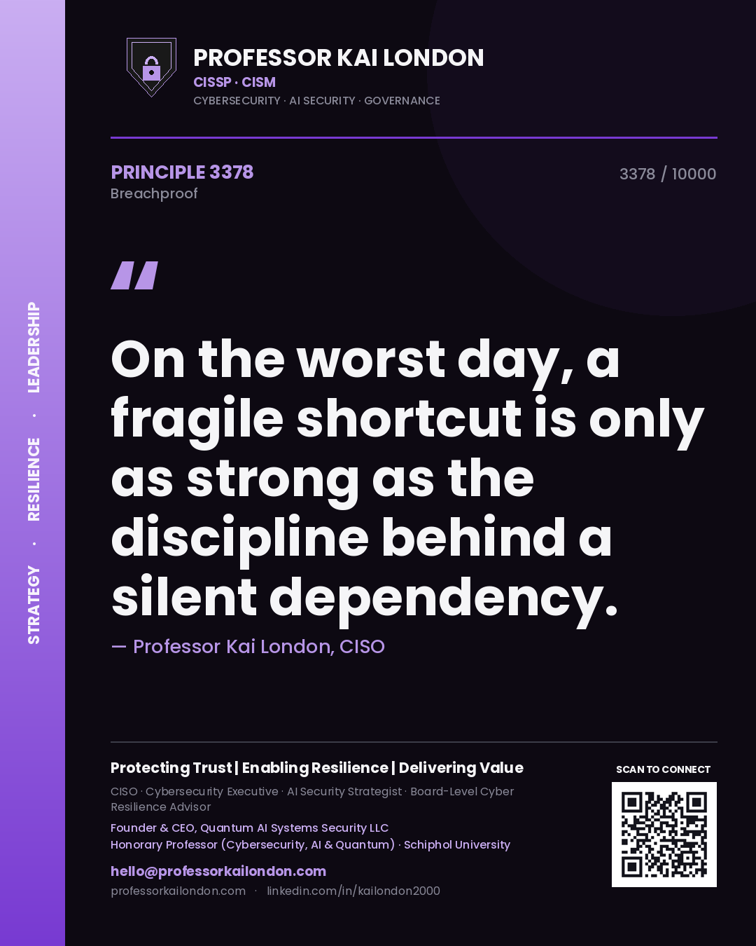 Quote card by Professor Kai London reading 'On the worst day, a fragile shortcut is only as strong as the discipline behind a silent dependency.'. From the book Breachproof.