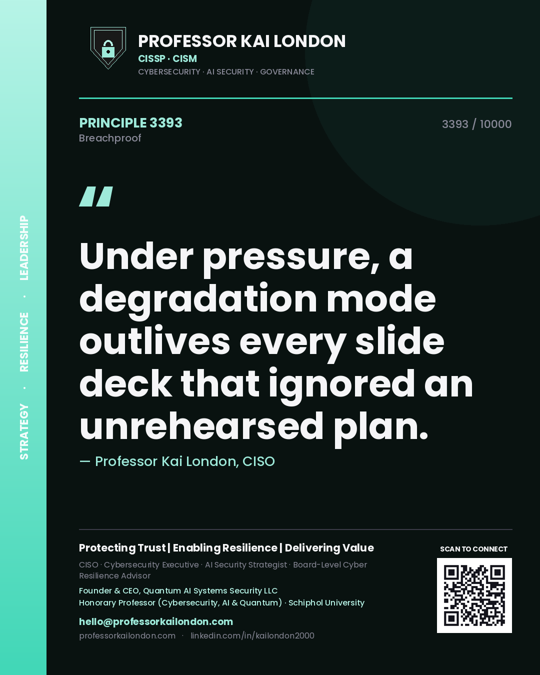 Quote card by Professor Kai London reading 'Under pressure, a degradation mode outlives every slide deck that ignored an unrehearsed plan.'. From the book Breachproof.