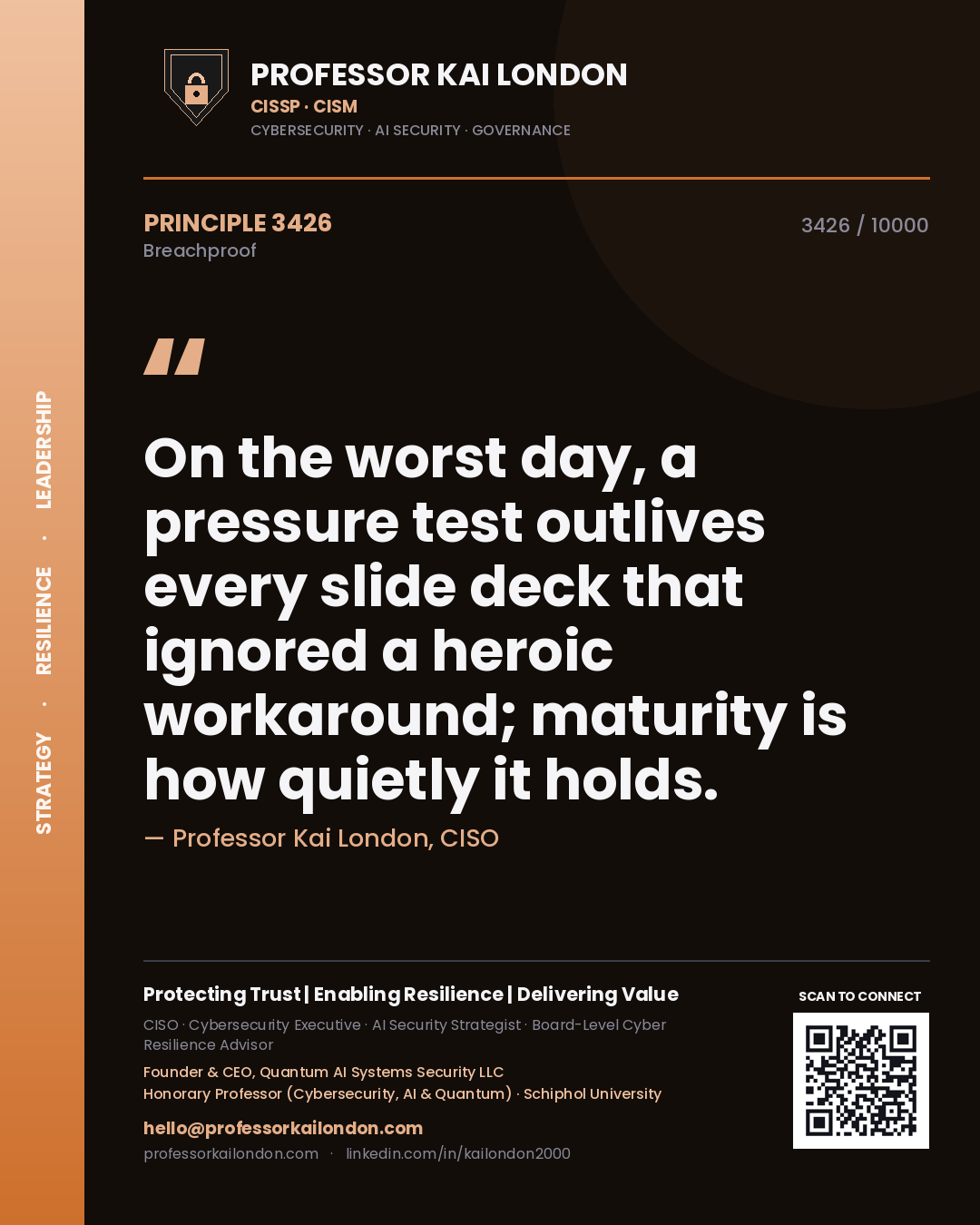 Quote card by Professor Kai London reading 'On the worst day, a pressure test outlives every slide deck that ignored a heroic workaround; maturity is how quietly it holds.'. From the book Breachproof.