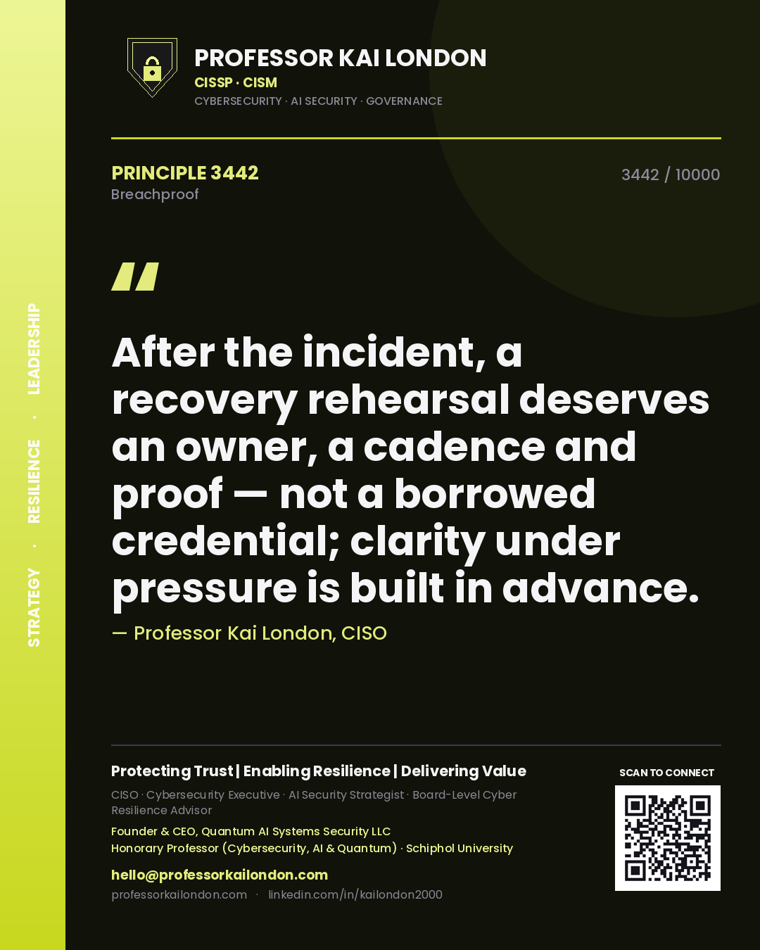 Quote card by Professor Kai London reading 'After the incident, a recovery rehearsal deserves an owner, a cadence and proof — not a borrowed credential; clarity under pressure is built in advance.'. From the book Breachproof.
