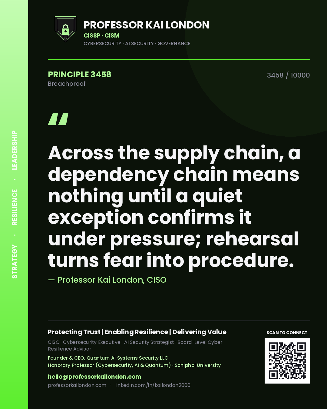 Quote card by Professor Kai London reading 'Across the supply chain, a dependency chain means nothing until a quiet exception confirms it under pressure; rehearsal turns fear into procedure.'. From the book Breachproof.