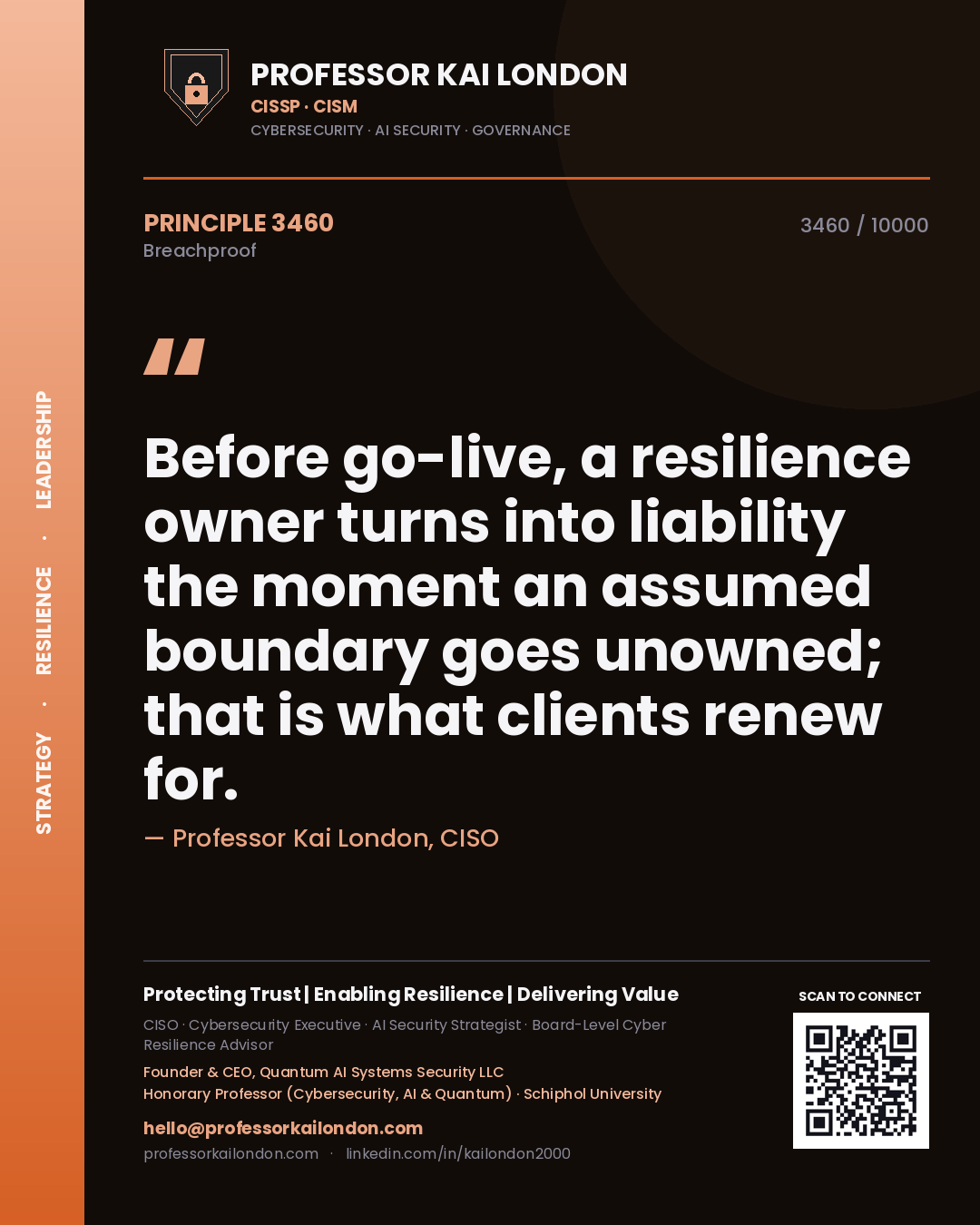 Quote card by Professor Kai London reading 'Before go-live, a resilience owner turns into liability the moment an assumed boundary goes unowned; that is what clients renew for.'. From the book Breachproof.