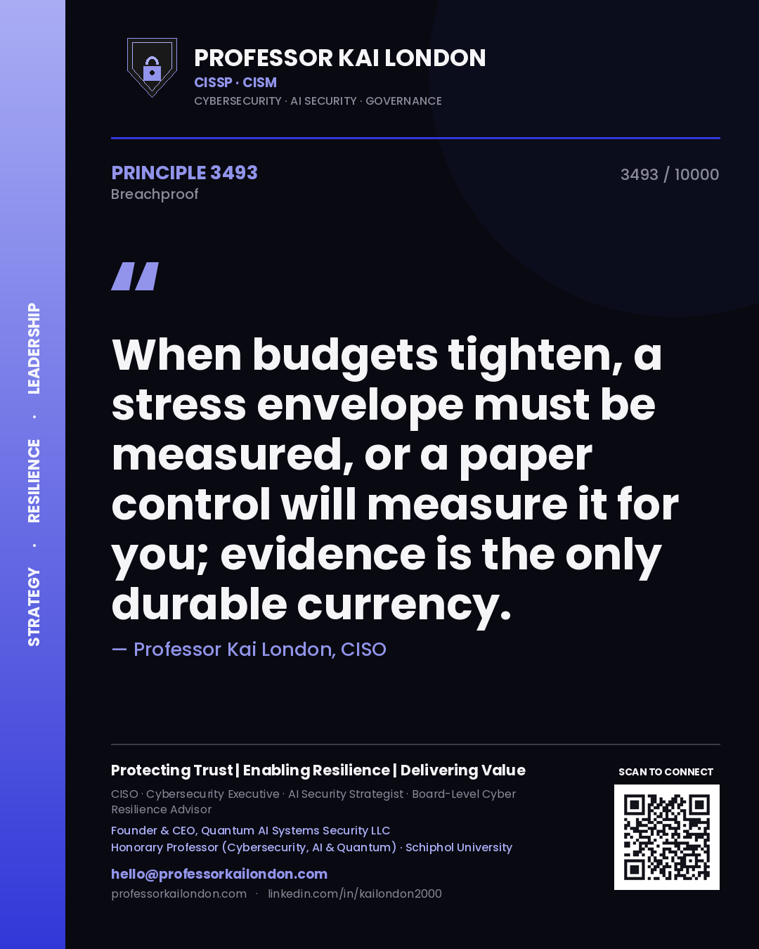 Quote card by Professor Kai London reading 'When budgets tighten, a stress envelope must be measured, or a paper control will measure it for you; evidence is the only durable currency.'. From the book Breachproof.