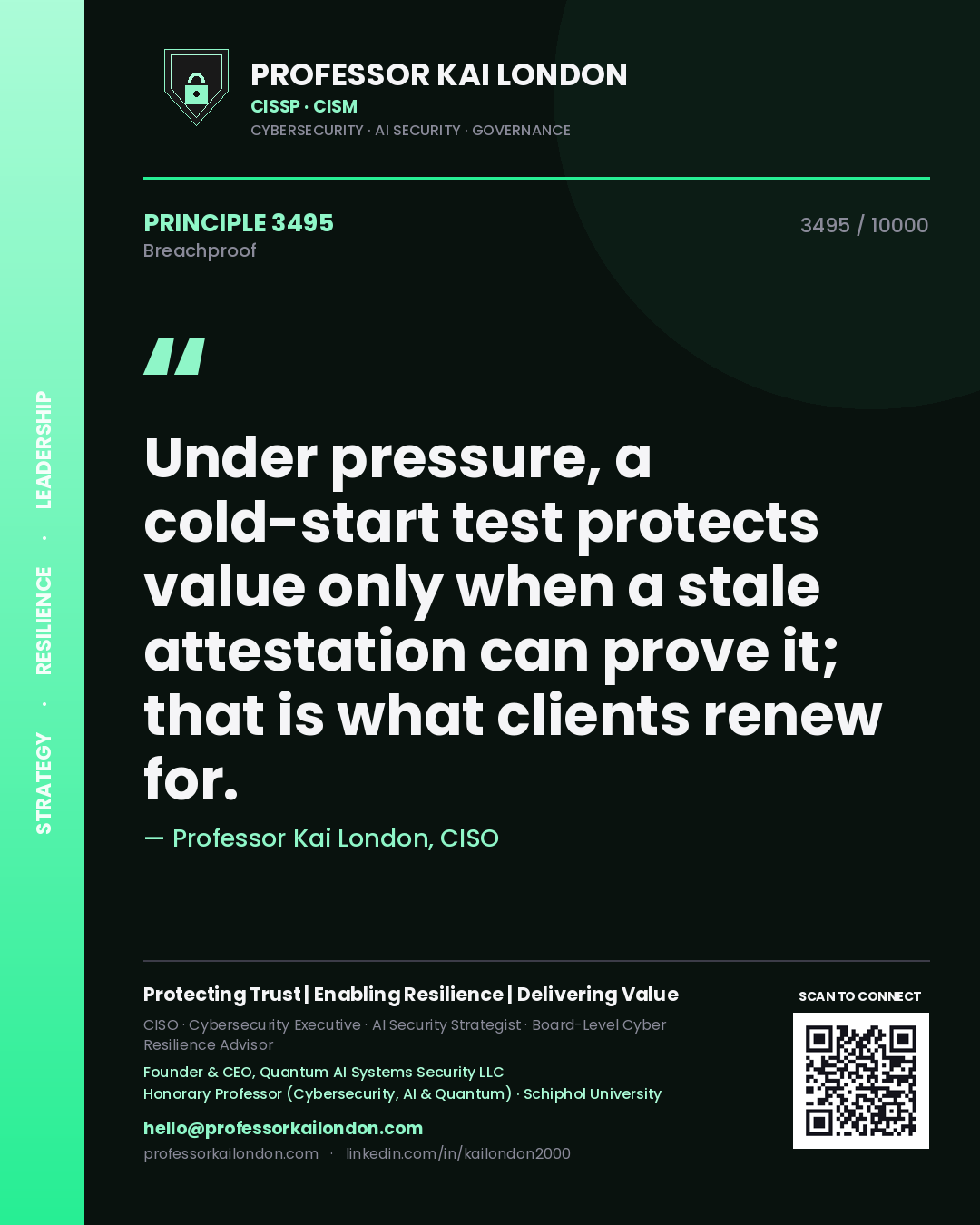 Quote card by Professor Kai London reading 'Under pressure, a cold-start test protects value only when a stale attestation can prove it; that is what clients renew for.'. From the book Breachproof.