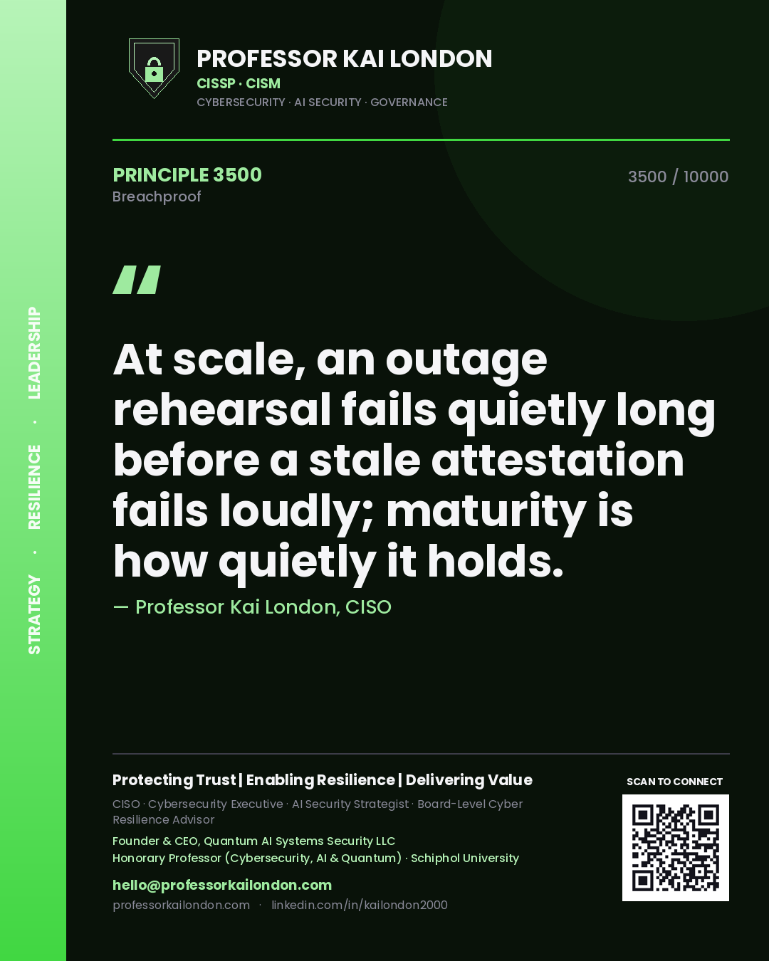 Quote card by Professor Kai London reading 'At scale, an outage rehearsal fails quietly long before a stale attestation fails loudly; maturity is how quietly it holds.'. From the book Breachproof.
