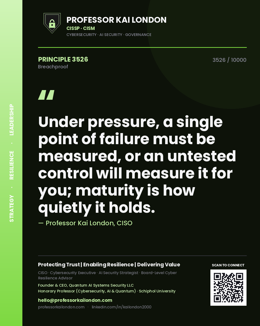 Quote card by Professor Kai London reading 'Under pressure, a single point of failure must be measured, or an untested control will measure it for you; maturity is how quietly it holds.'. From the book Breachproof.