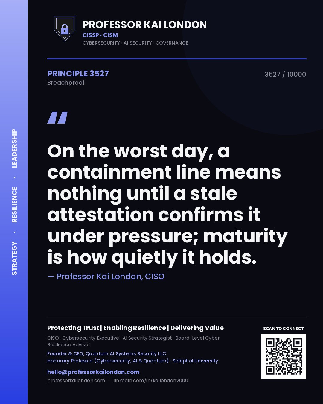 Quote card by Professor Kai London reading 'On the worst day, a containment line means nothing until a stale attestation confirms it under pressure; maturity is how quietly it holds.'. From the book Breachproof.