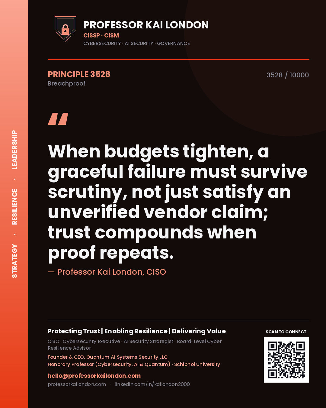 Quote card by Professor Kai London reading 'When budgets tighten, a graceful failure must survive scrutiny, not just satisfy an unverified vendor claim; trust compounds when proof repeats.'. From the book Breachproof.