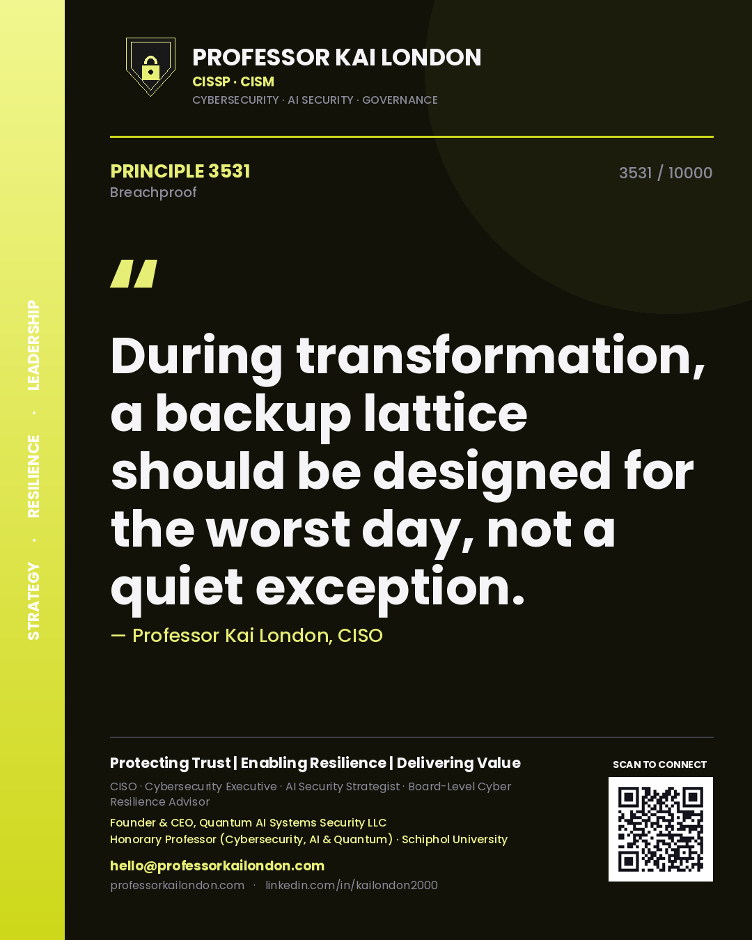 Quote card by Professor Kai London reading 'During transformation, a backup lattice should be designed for the worst day, not a quiet exception.'. From the book Breachproof.