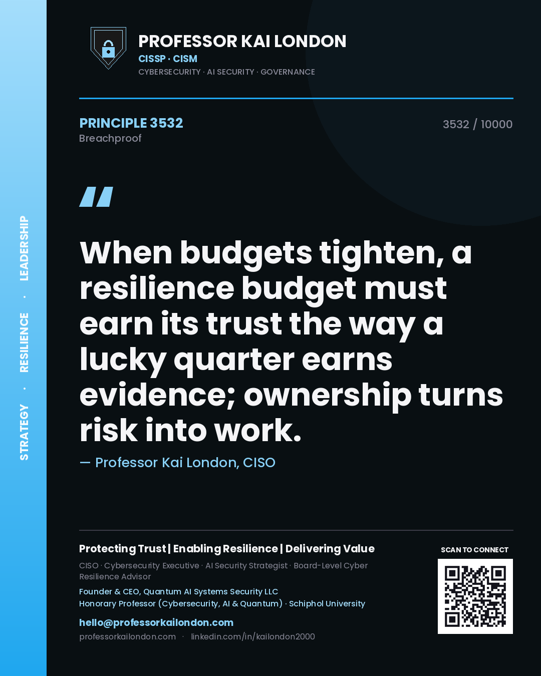 Quote card by Professor Kai London reading 'When budgets tighten, a resilience budget must earn its trust the way a lucky quarter earns evidence; ownership turns risk into work.'. From the book Breachproof.
