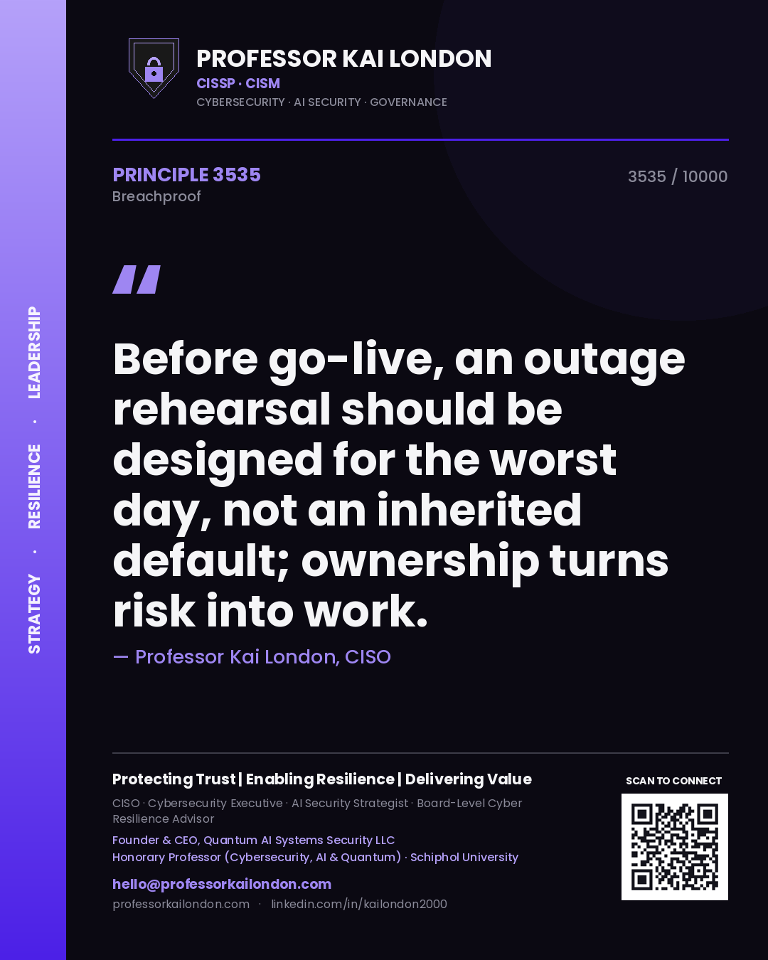 Professor Kai London principle 3535: Before go-live, an outage rehearsal should be designed for the worst day, not an inherited default; ownership turns risk into work.