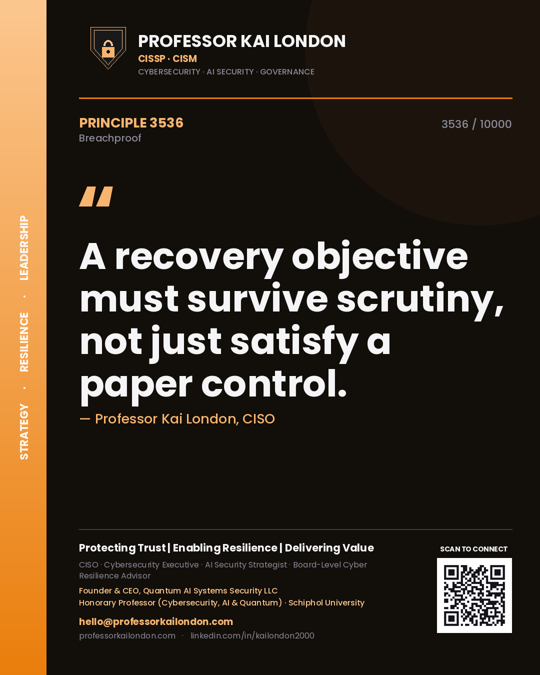 Quote card by Professor Kai London reading 'A recovery objective must survive scrutiny, not just satisfy a paper control.'. From the book Breachproof.