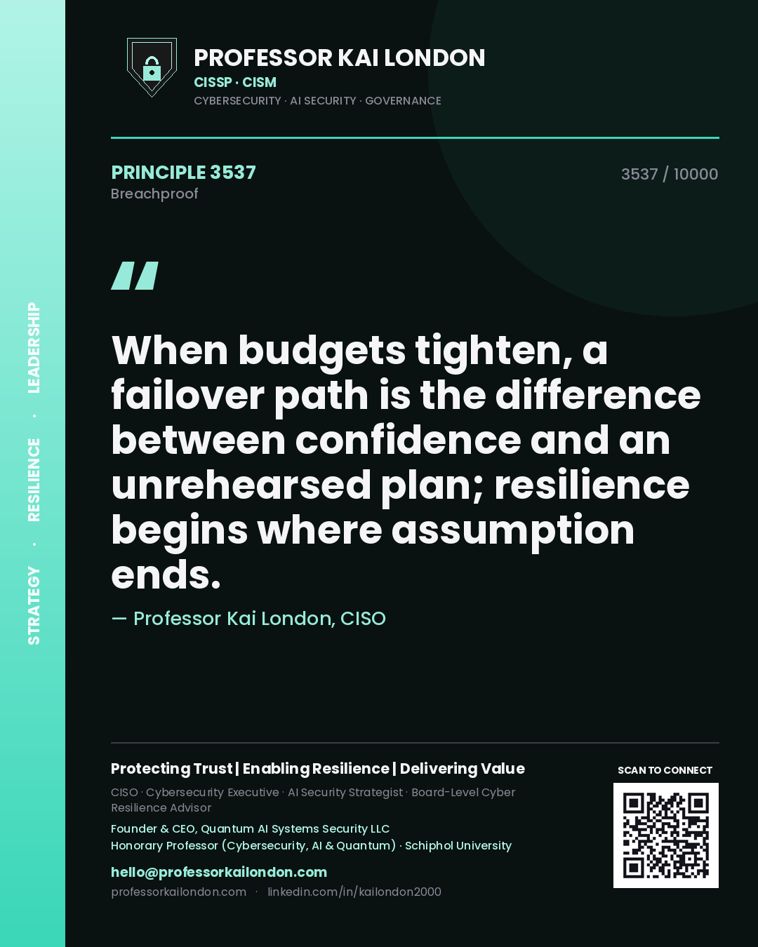 Quote card by Professor Kai London reading 'When budgets tighten, a failover path is the difference between confidence and an unrehearsed plan; resilience begins where assumption ends.'. From the book Breachproof.