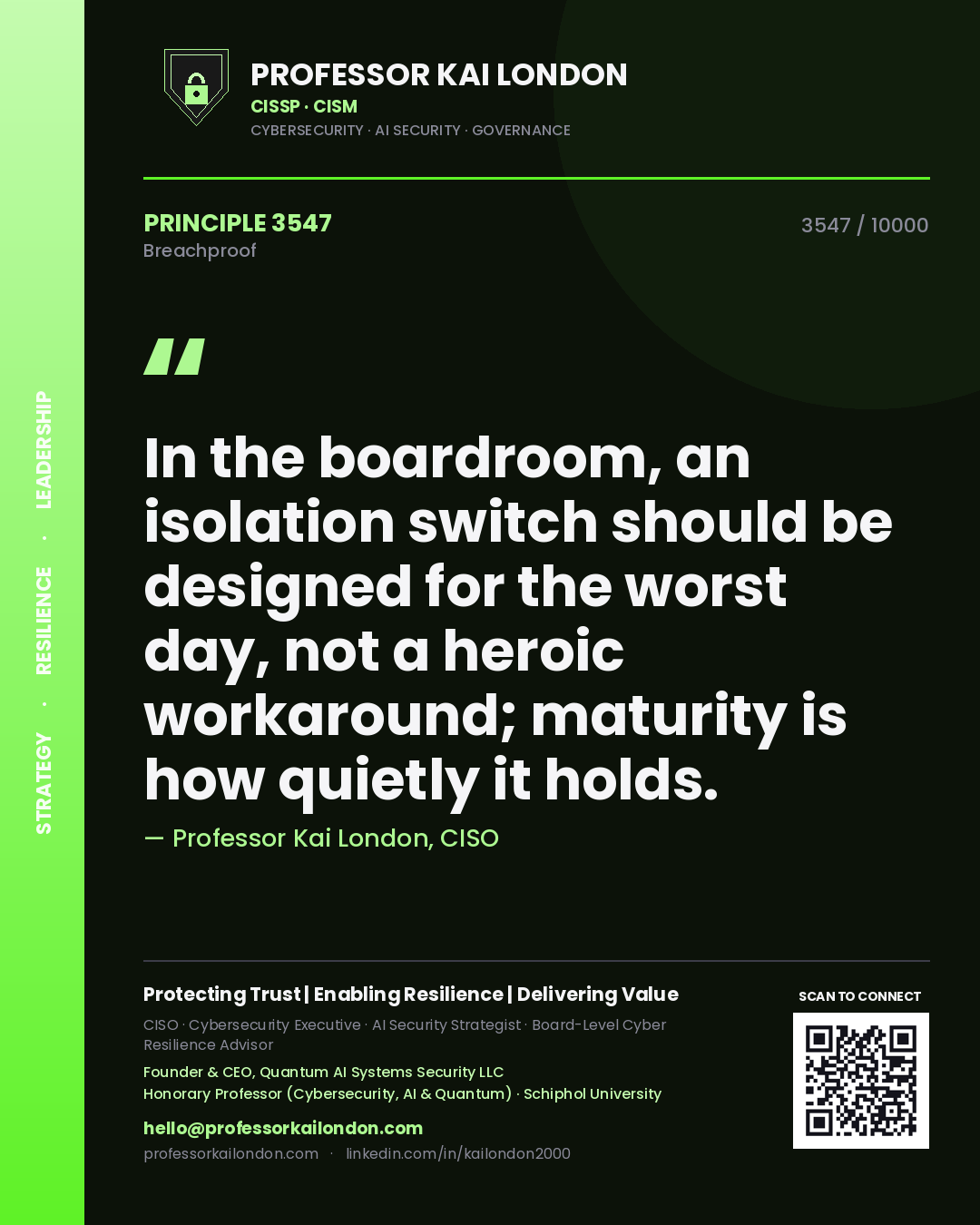 Quote card by Professor Kai London reading 'In the boardroom, an isolation switch should be designed for the worst day, not a heroic workaround; maturity is how quietly it holds.'. From the book Breachproof.