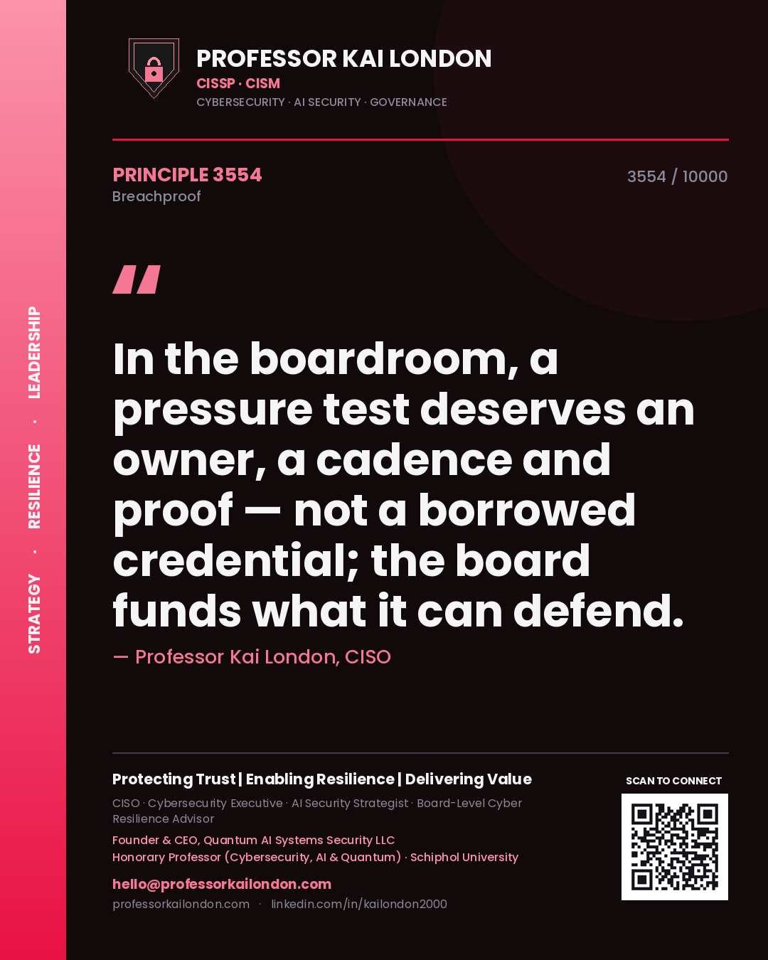 Quote card by Professor Kai London reading 'In the boardroom, a pressure test deserves an owner, a cadence and proof — not a borrowed credential; the board funds what it can defend.'. From the book Breachproof.