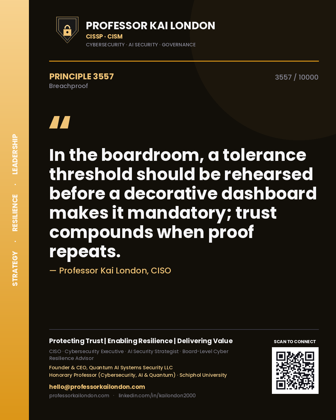 Quote card by Professor Kai London reading 'In the boardroom, a tolerance threshold should be rehearsed before a decorative dashboard makes it mandatory; trust compounds when proof repeats.'. From the book Breachproof.