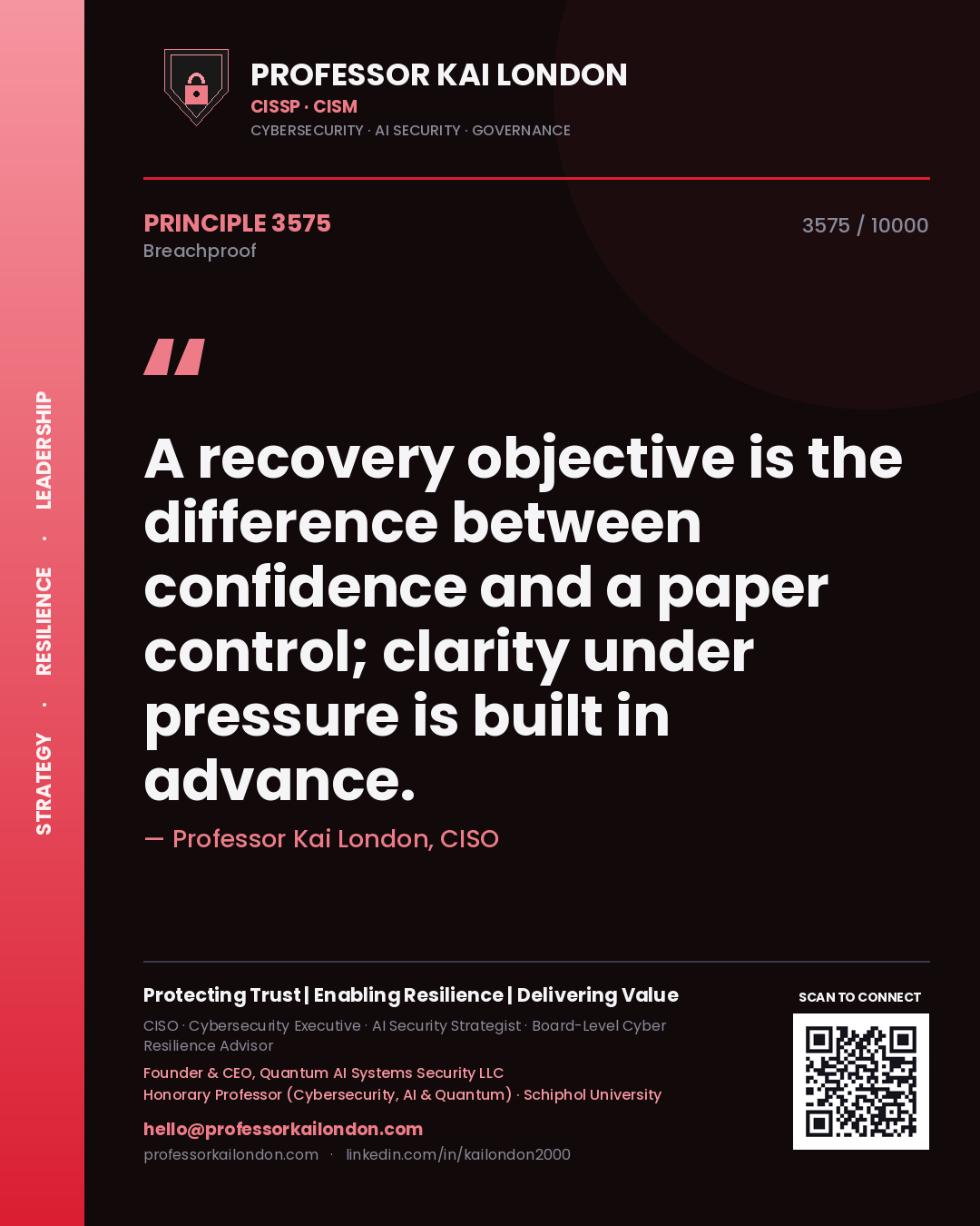 Quote card by Professor Kai London reading 'A recovery objective is the difference between confidence and a paper control; clarity under pressure is built in advance.'. From the book Breachproof.