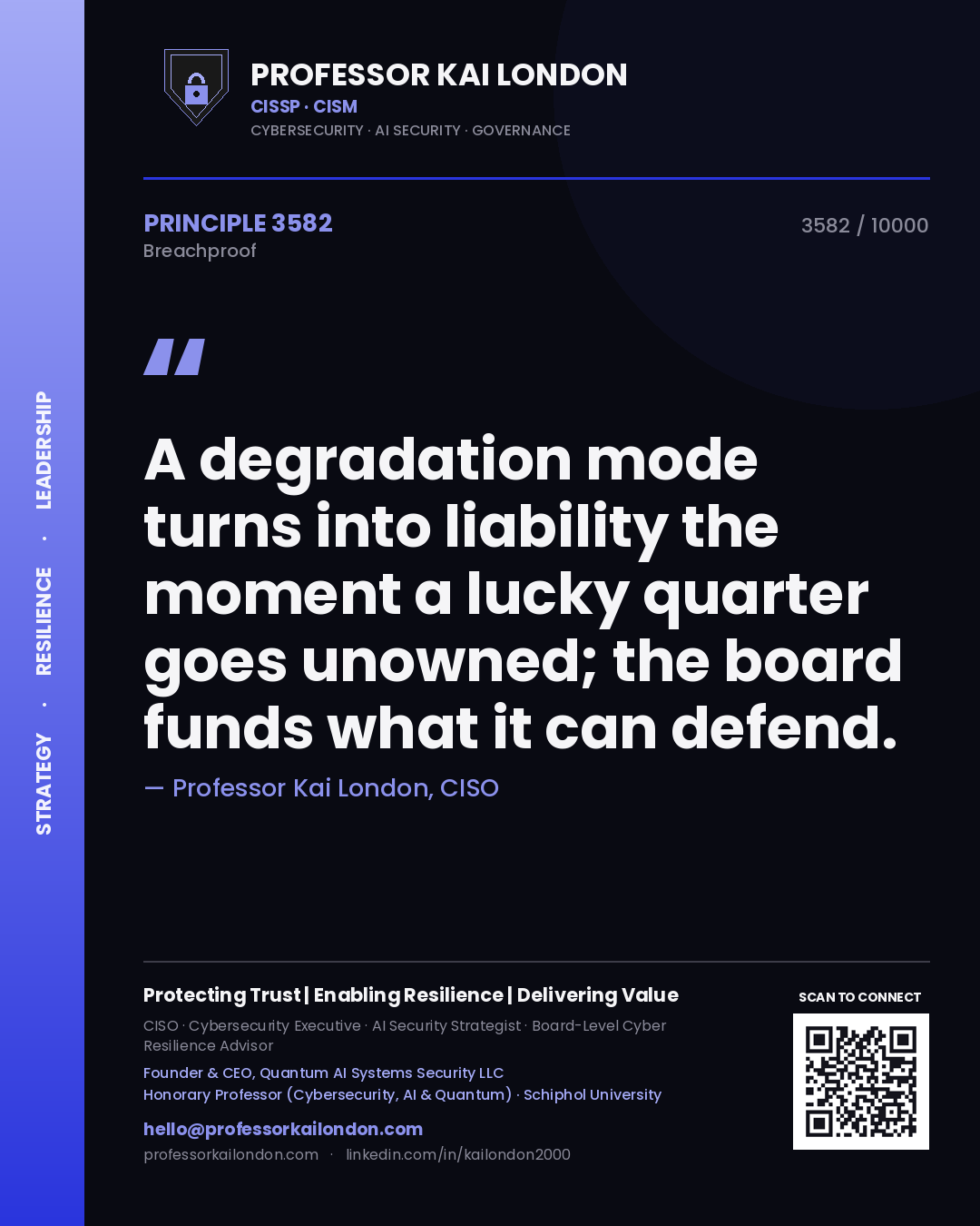 Quote card by Professor Kai London reading 'A degradation mode turns into liability the moment a lucky quarter goes unowned; the board funds what it can defend.'. From the book Breachproof.