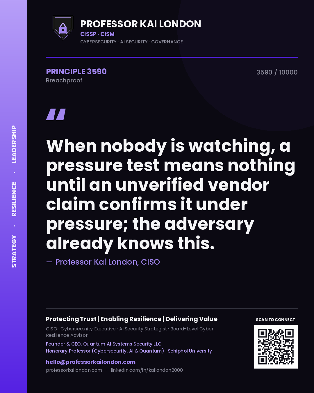 Quote card by Professor Kai London reading 'When nobody is watching, a pressure test means nothing until an unverified vendor claim confirms it under pressure; the adversary already knows this.'. From the book Breachproof.