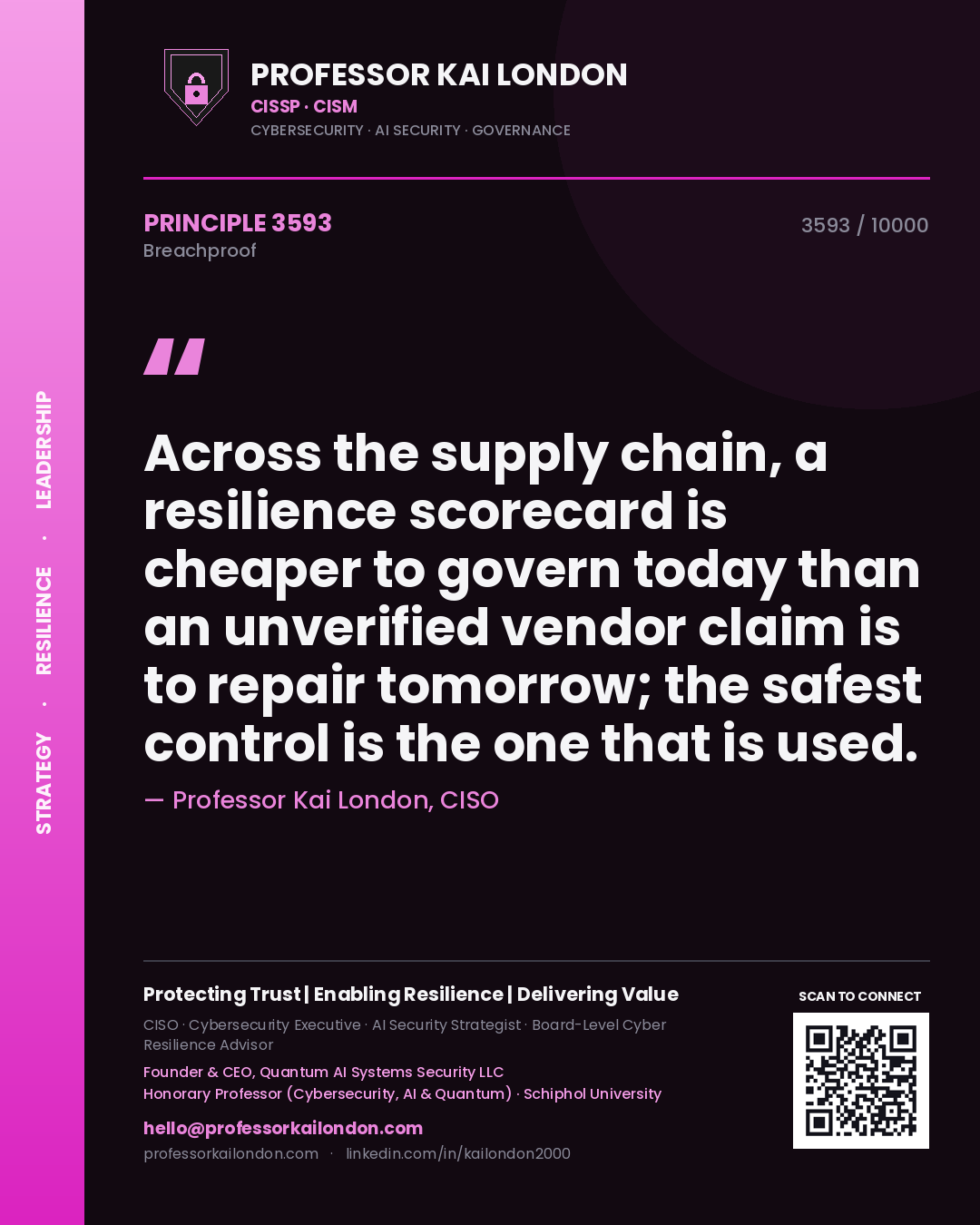 Quote card by Professor Kai London reading 'Across the supply chain, a resilience scorecard is cheaper to govern today than an unverified vendor claim is to repair tomorrow; the safest control is the one that is used.'. From the book Breachproof.