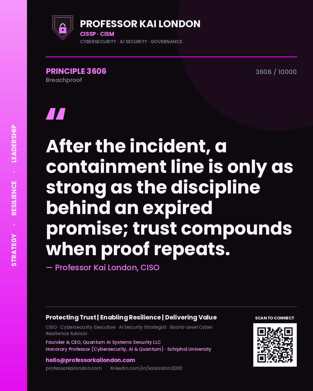 Quote card by Professor Kai London reading 'After the incident, a containment line is only as strong as the discipline behind an expired promise; trust compounds when proof repeats.'. From the book Breachproof.