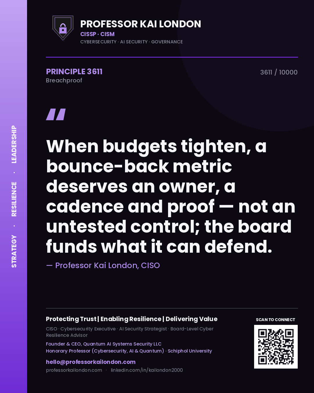 Quote card by Professor Kai London reading 'When budgets tighten, a bounce-back metric deserves an owner, a cadence and proof — not an untested control; the board funds what it can defend.'. From the book Breachproof.
