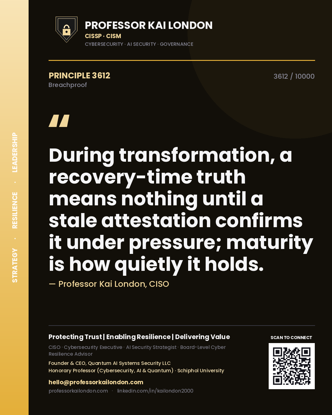 Quote card by Professor Kai London reading 'During transformation, a recovery-time truth means nothing until a stale attestation confirms it under pressure; maturity is how quietly it holds.'. From the book Breachproof.