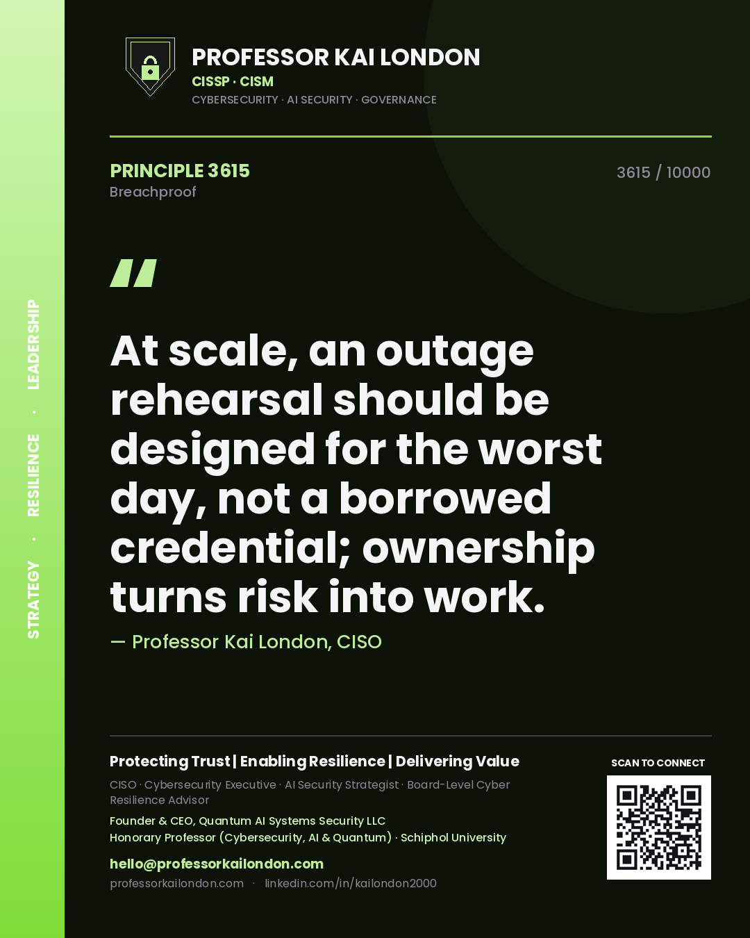 Quote card by Professor Kai London reading 'At scale, an outage rehearsal should be designed for the worst day, not a borrowed credential; ownership turns risk into work.'. From the book Breachproof.