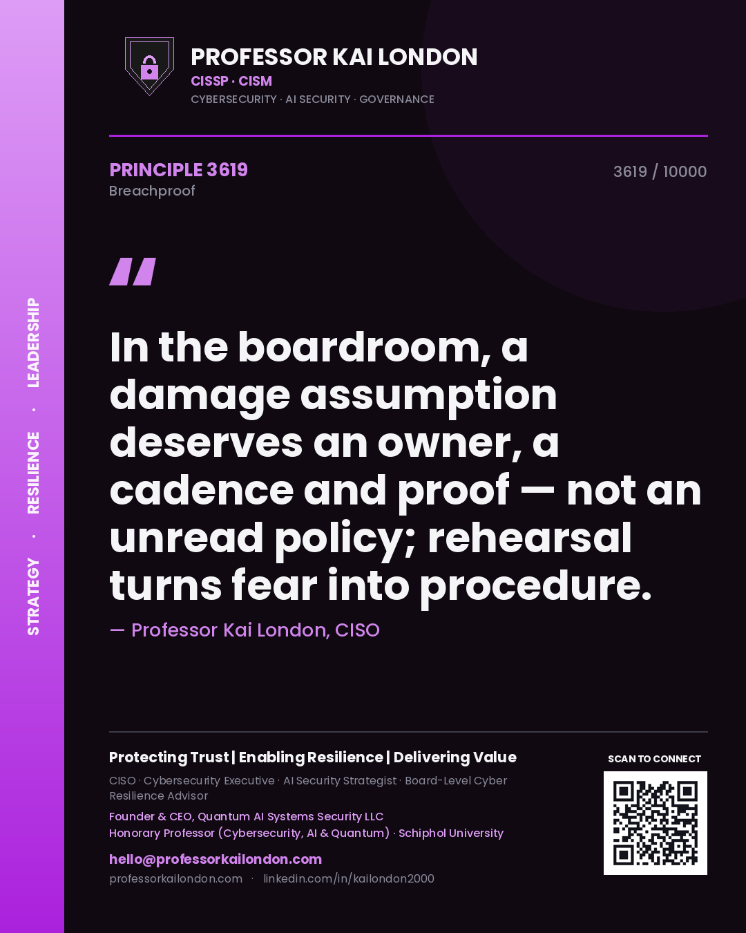 Quote card by Professor Kai London reading 'In the boardroom, a damage assumption deserves an owner, a cadence and proof — not an unread policy; rehearsal turns fear into procedure.'. From the book Breachproof.