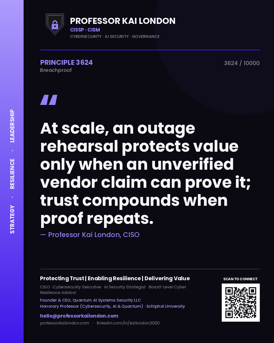 Quote card by Professor Kai London reading 'At scale, an outage rehearsal protects value only when an unverified vendor claim can prove it; trust compounds when proof repeats.'. From the book Breachproof.