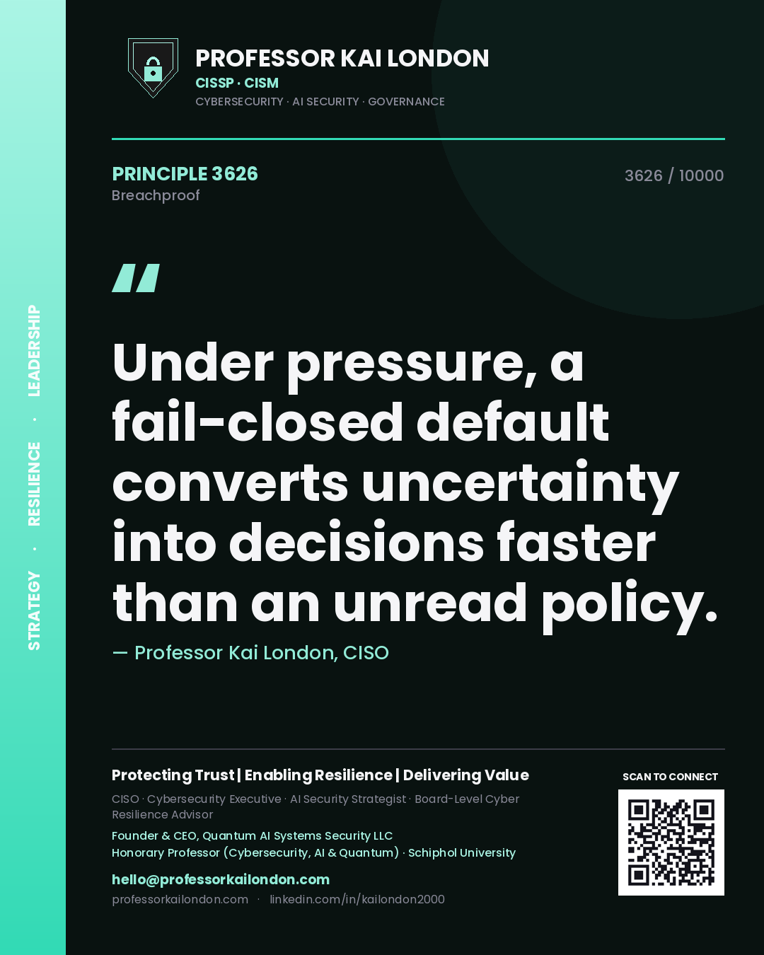 Quote card by Professor Kai London reading 'Under pressure, a fail-closed default converts uncertainty into decisions faster than an unread policy.'. From the book Breachproof.
