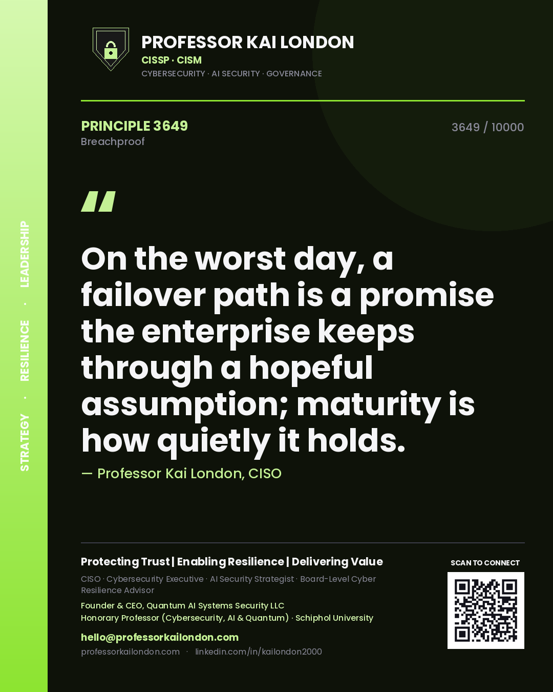 Quote card by Professor Kai London reading 'On the worst day, a failover path is a promise the enterprise keeps through a hopeful assumption; maturity is how quietly it holds.'. From the book Breachproof.