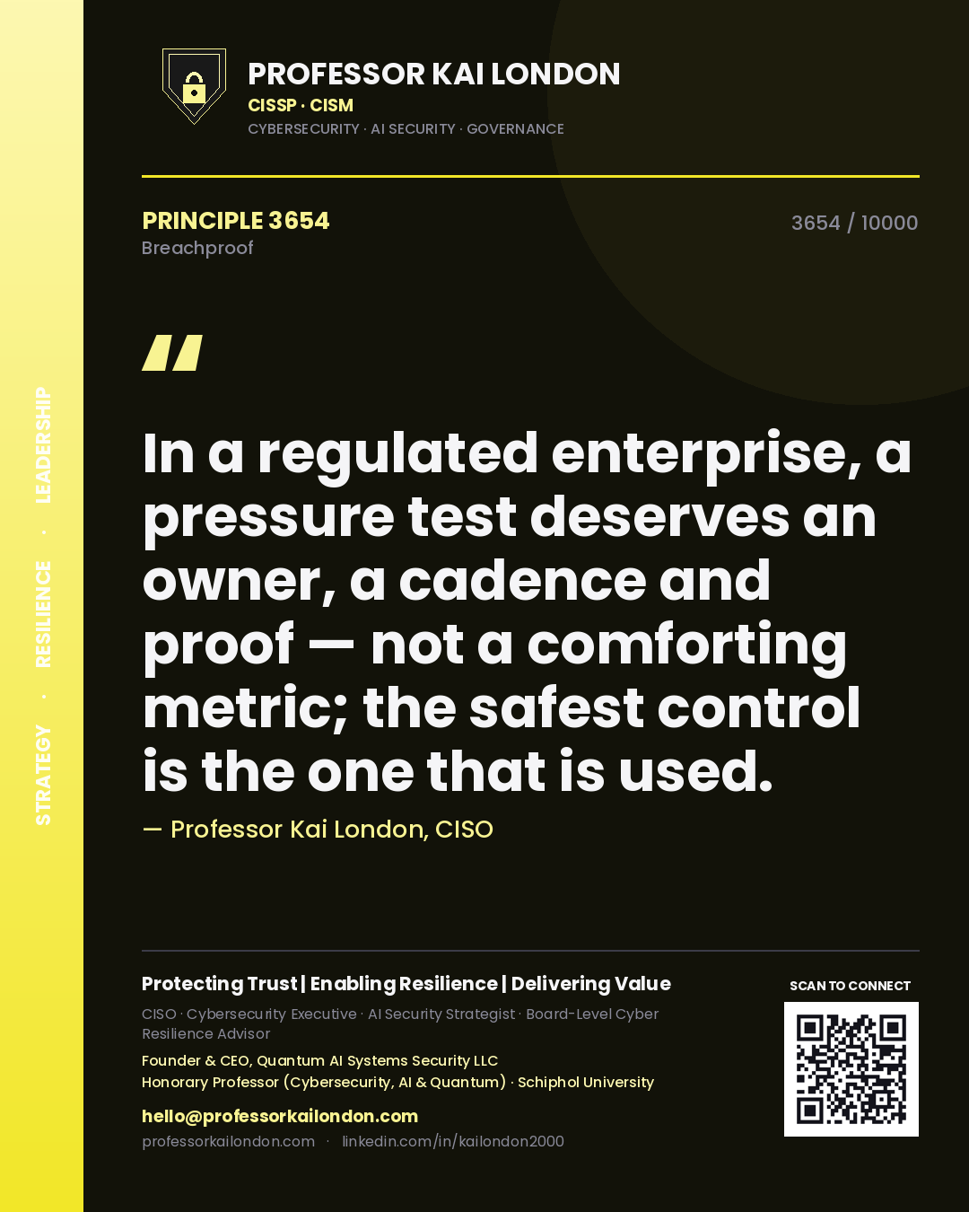 Quote card by Professor Kai London reading 'In a regulated enterprise, a pressure test deserves an owner, a cadence and proof — not a comforting metric; the safest control is the one that is used.'. From the book Breachproof.