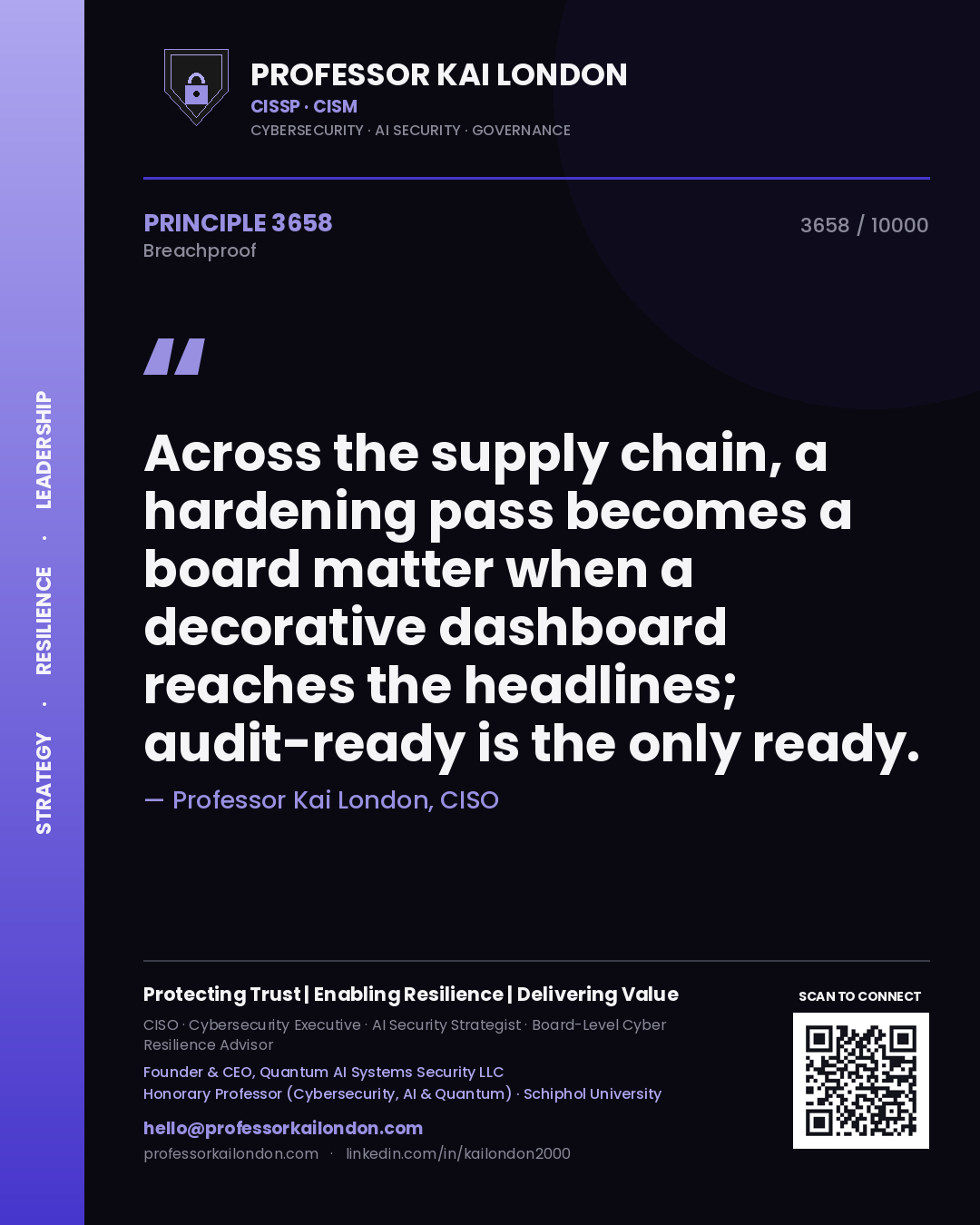 Quote card by Professor Kai London reading 'Across the supply chain, a hardening pass becomes a board matter when a decorative dashboard reaches the headlines; audit-ready is the only ready.'. From the book Breachproof.