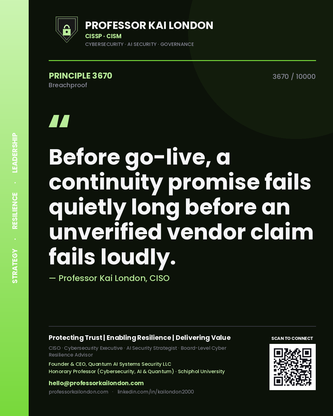 Quote card by Professor Kai London reading 'Before go-live, a continuity promise fails quietly long before an unverified vendor claim fails loudly.'. From the book Breachproof.