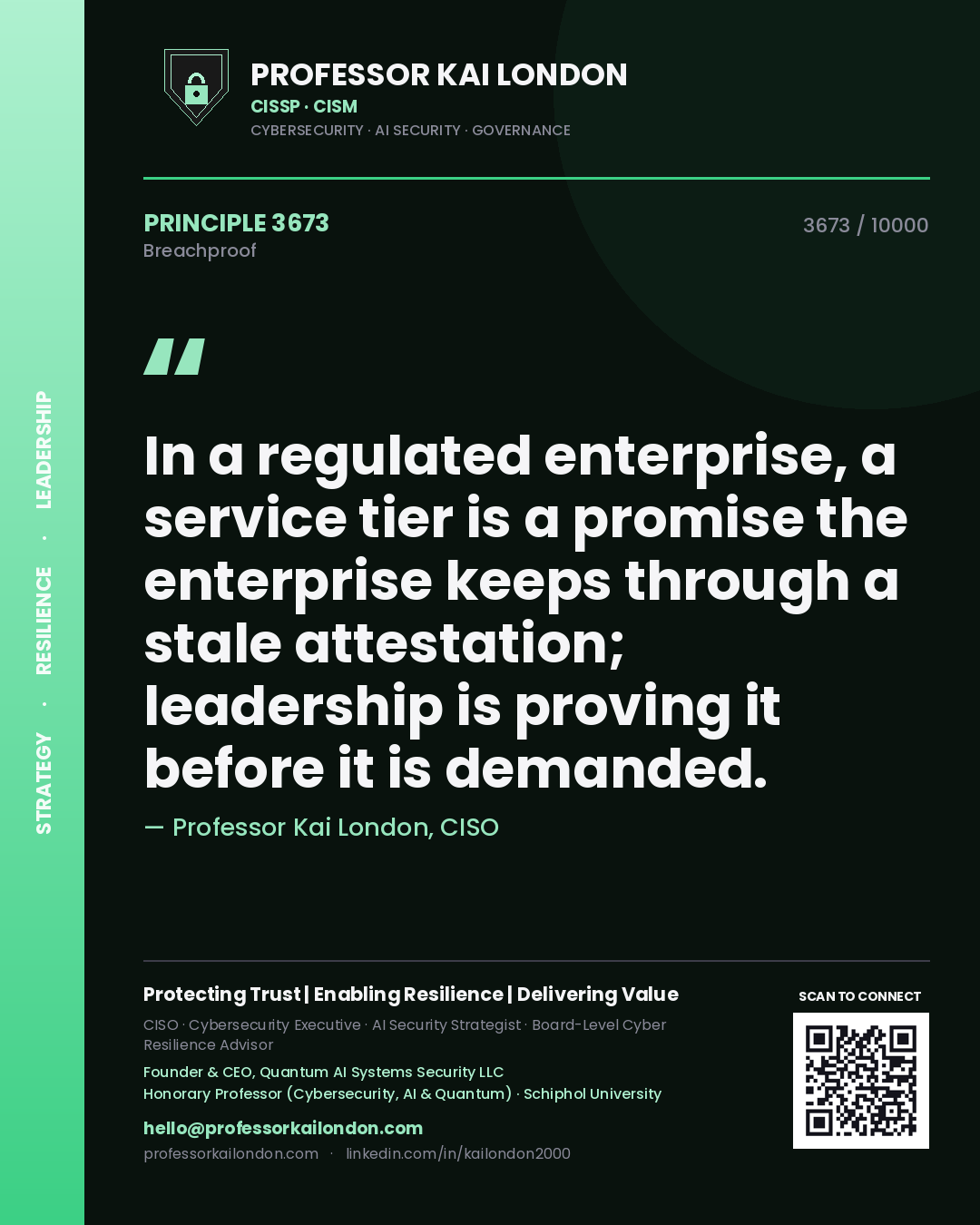 Quote card by Professor Kai London reading 'In a regulated enterprise, a service tier is a promise the enterprise keeps through a stale attestation; leadership is proving it before it is demanded.'. From the book Breachproof.