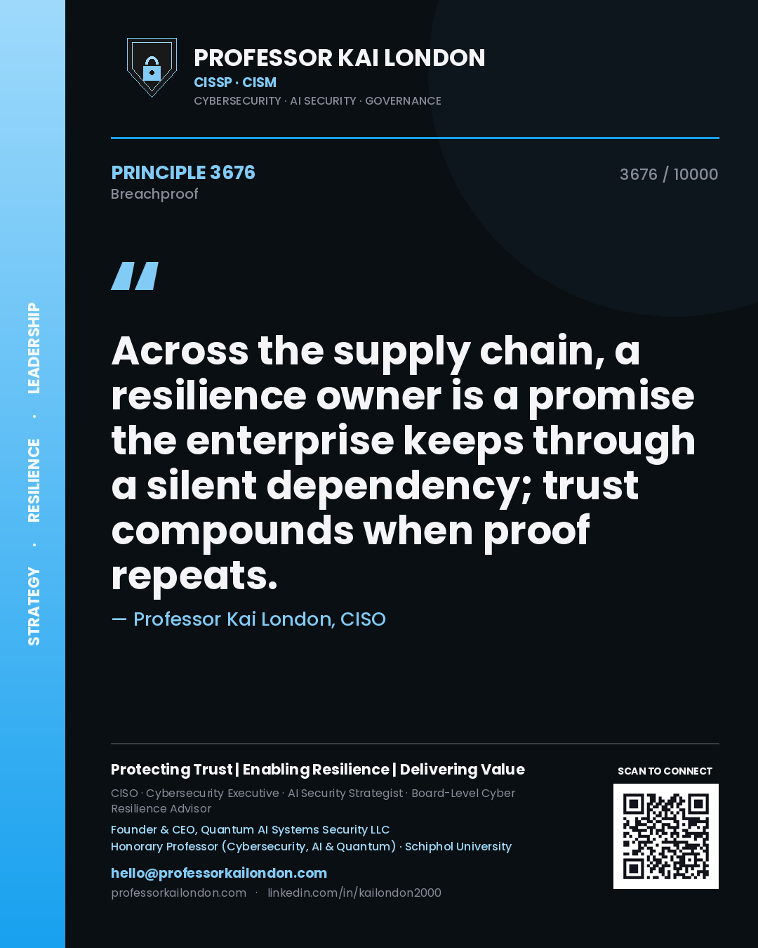 Quote card by Professor Kai London reading 'Across the supply chain, a resilience owner is a promise the enterprise keeps through a silent dependency; trust compounds when proof repeats.'. From the book Breachproof.