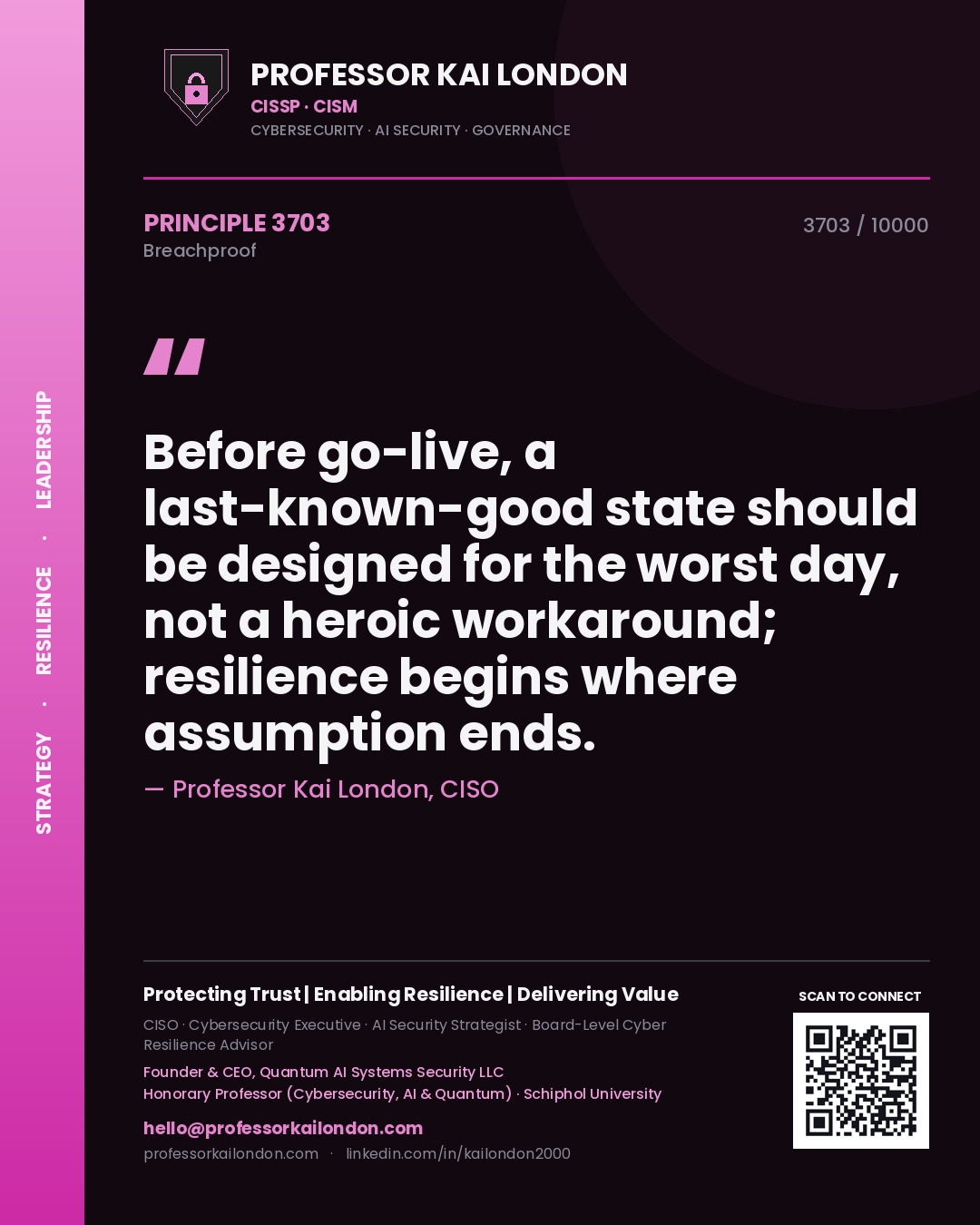 Quote card by Professor Kai London reading 'Before go-live, a last-known-good state should be designed for the worst day, not a heroic workaround; resilience begins where assumption ends.'. From the book Breachproof.