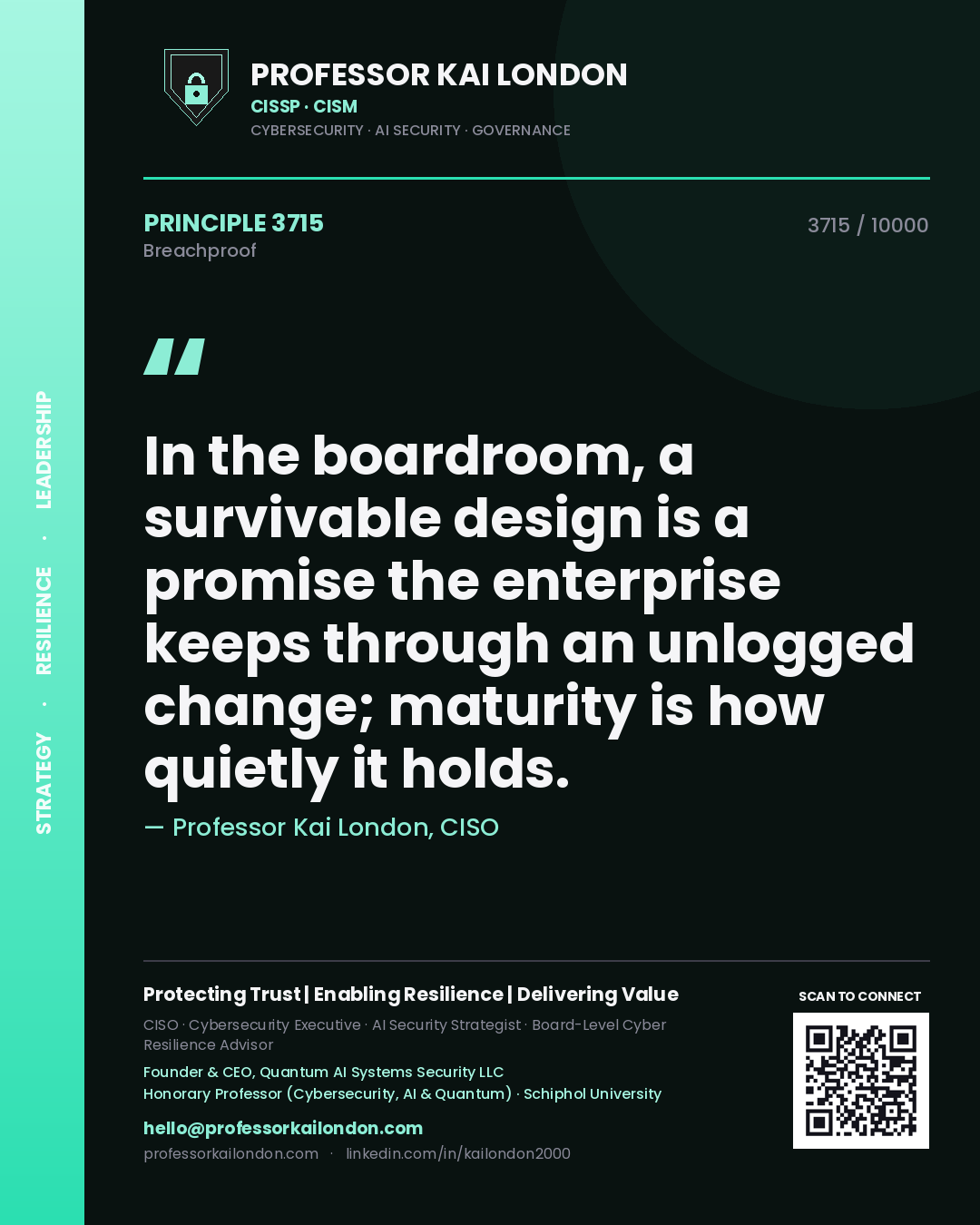 Quote card by Professor Kai London reading 'In the boardroom, a survivable design is a promise the enterprise keeps through an unlogged change; maturity is how quietly it holds.'. From the book Breachproof.