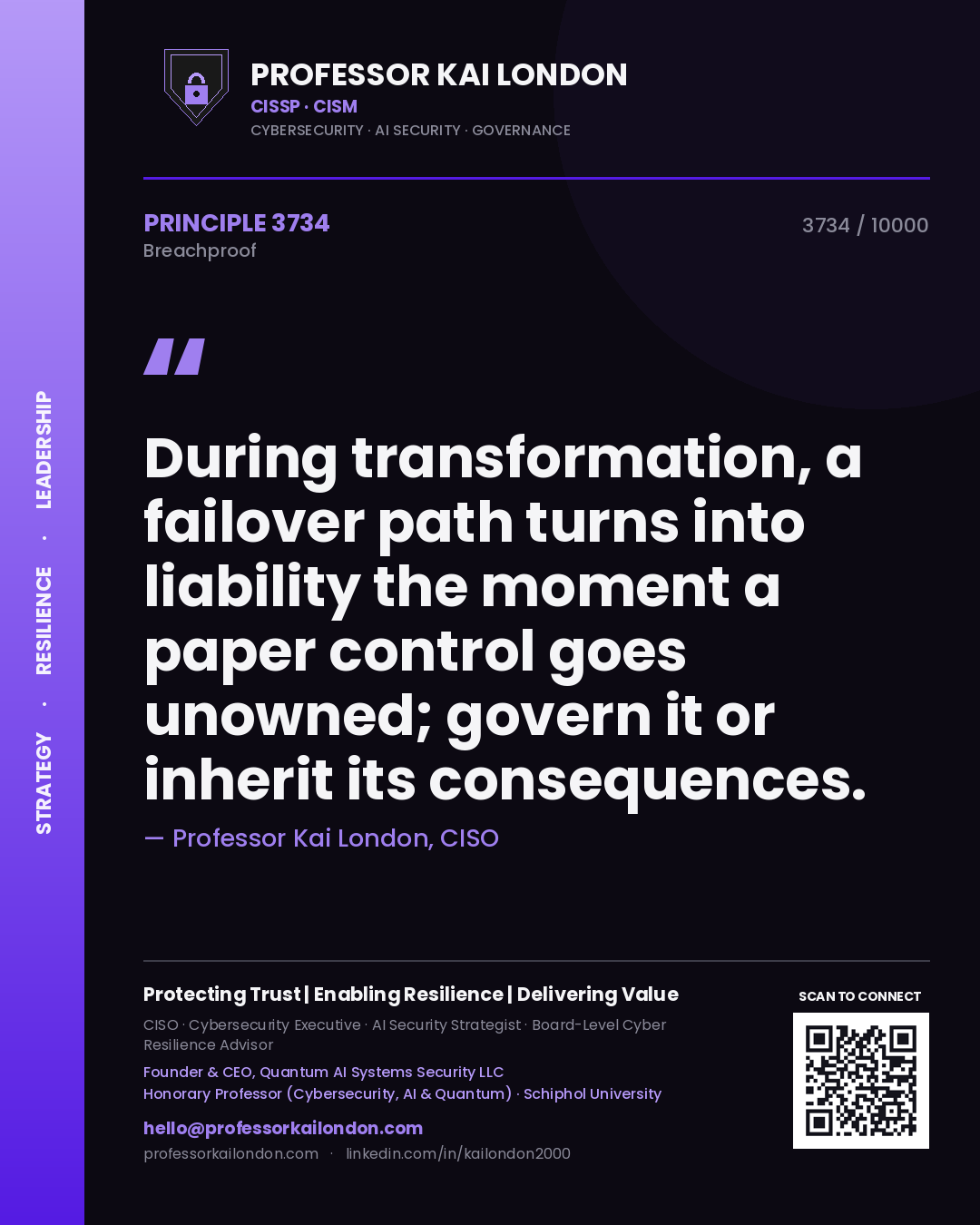 Professor Kai London principle 3734: During transformation, a failover path turns into liability the moment a paper control goes unowned; govern it or inherit its consequences.